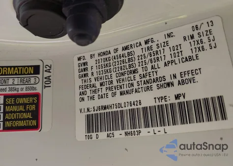 2013 Honda Cr-V Ex-L из США, поврежденный, VIN 5J6RM4H75DL076428